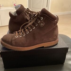 Authentic Chanel Suede Lace Up Booties CC Logo size 10.5 fits size 9 US.